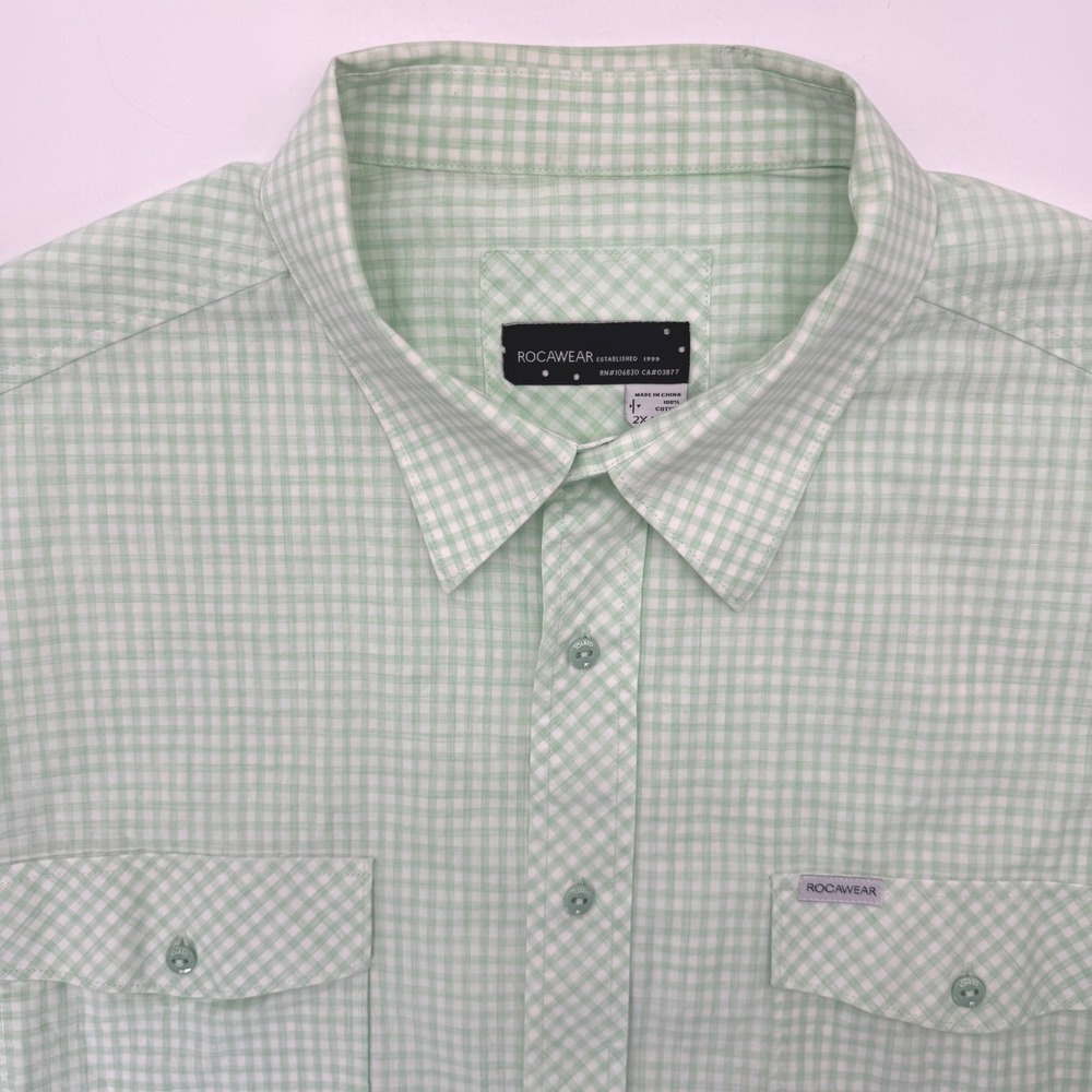 Rocawear Button Down Shirt Mens 2XL Green Gingham Short Sleeve Cotton Casual Top